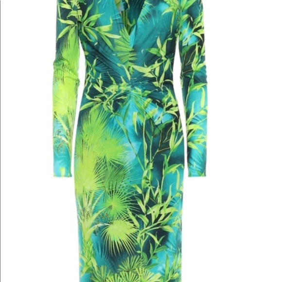GIANNI VERSACE COUTURE RUNWAY JUNGLE-PRINT DEEP V-NECK MIDI DRESS IN GREEN - Picture 3 of 10
